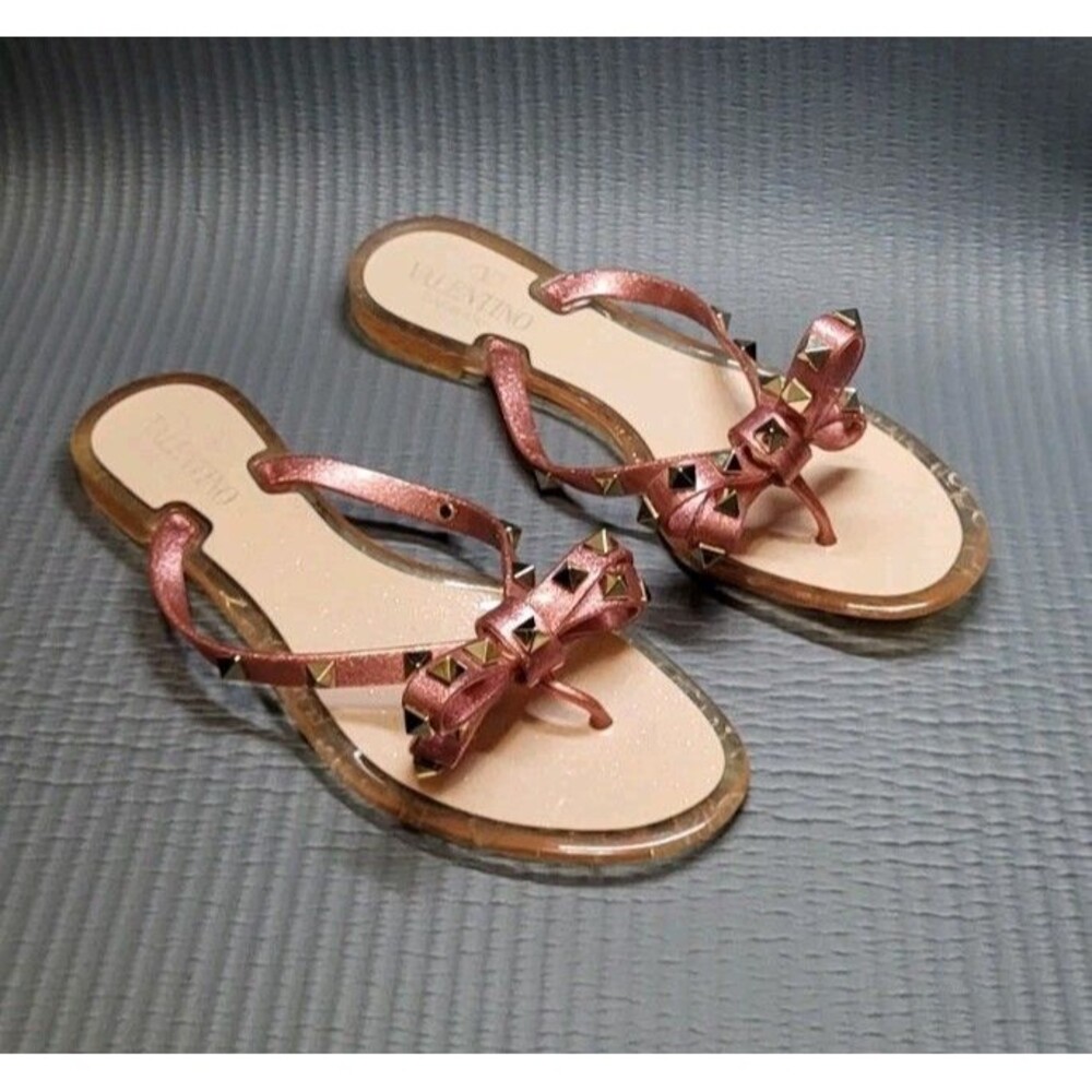 Pink Glitter Valentino PVC/Jelly Rockstud Flip Flop Bow Sandals Women's 38 US 8